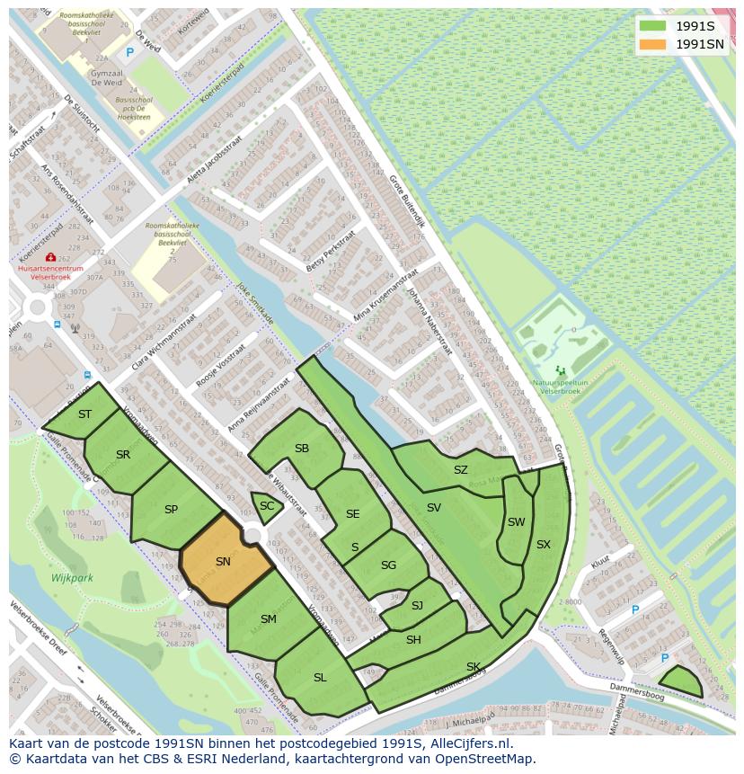 Afbeelding van het postcodegebied 1991 SN op de kaart.