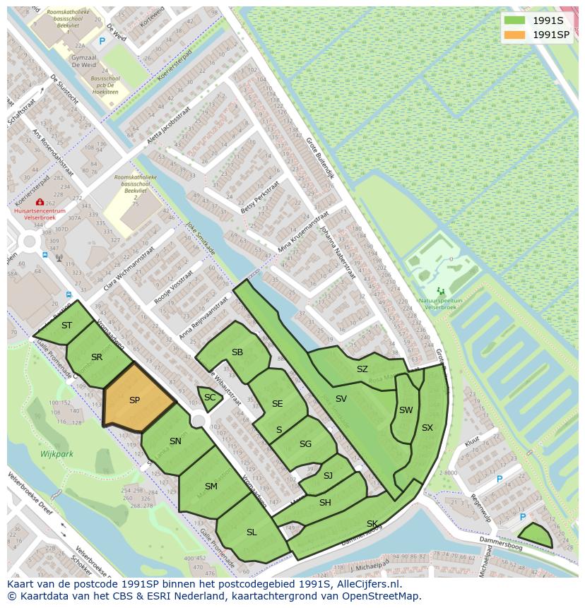 Afbeelding van het postcodegebied 1991 SP op de kaart.