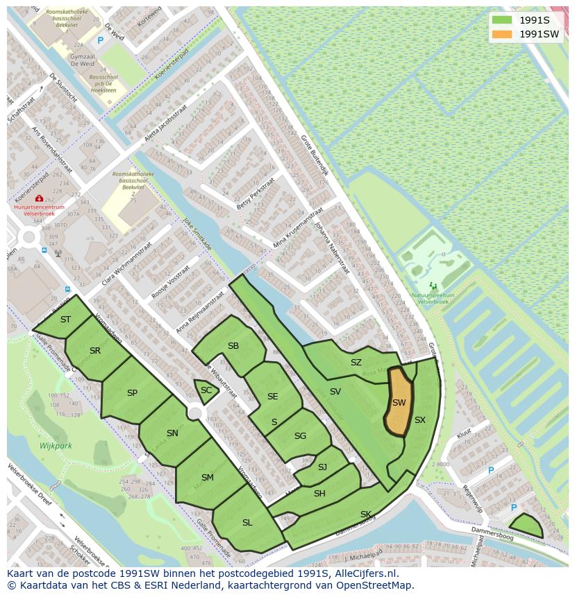 Afbeelding van het postcodegebied 1991 SW op de kaart.