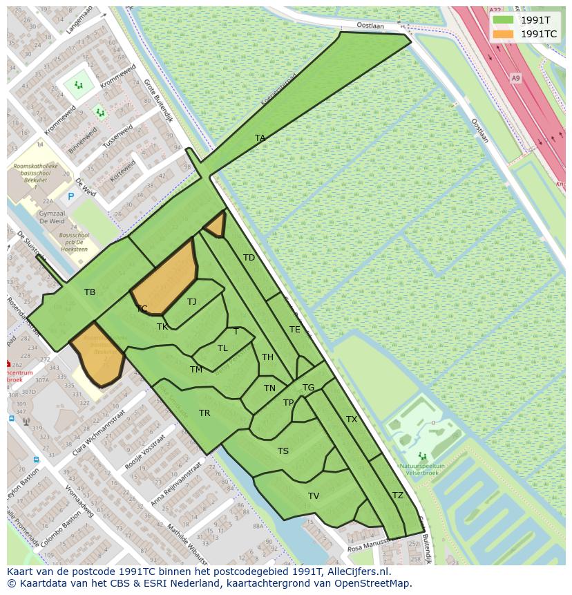 Afbeelding van het postcodegebied 1991 TC op de kaart.