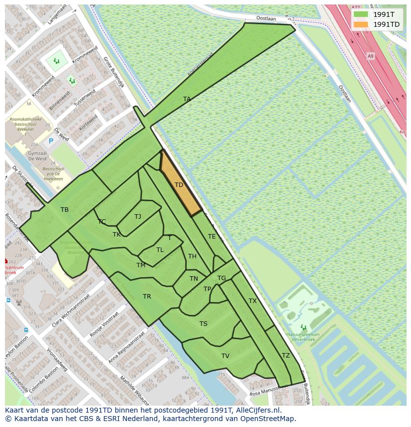 Afbeelding van het postcodegebied 1991 TD op de kaart.