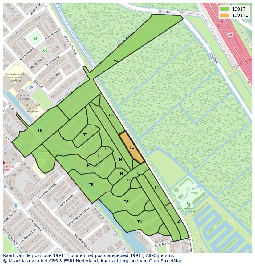 Afbeelding van het postcodegebied 1991 TE op de kaart.