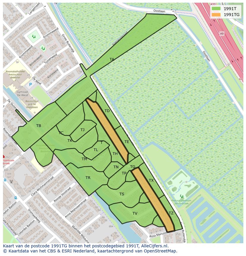 Afbeelding van het postcodegebied 1991 TG op de kaart.