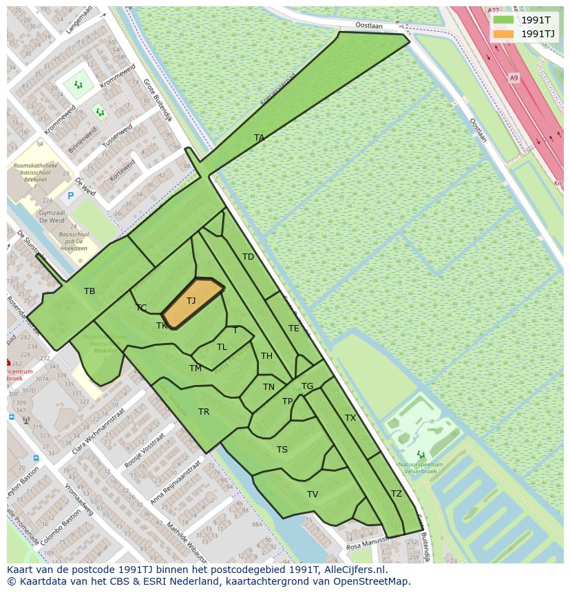 Afbeelding van het postcodegebied 1991 TJ op de kaart.