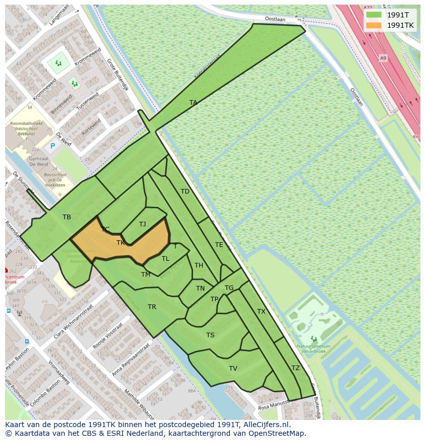 Afbeelding van het postcodegebied 1991 TK op de kaart.