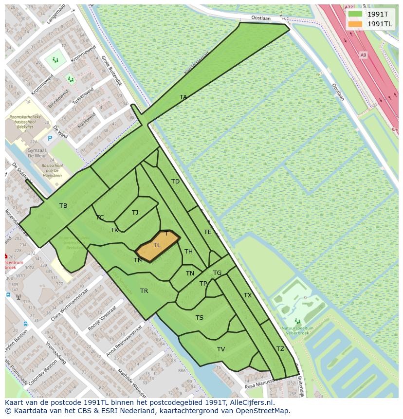 Afbeelding van het postcodegebied 1991 TL op de kaart.