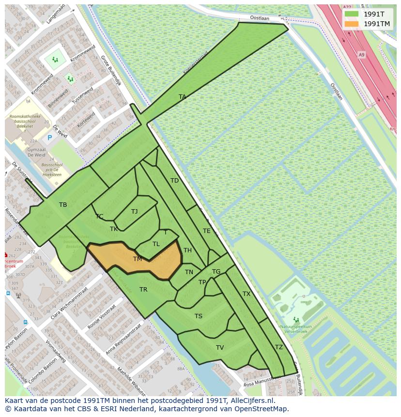 Afbeelding van het postcodegebied 1991 TM op de kaart.