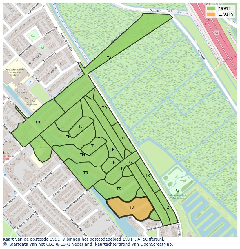 Afbeelding van het postcodegebied 1991 TV op de kaart.