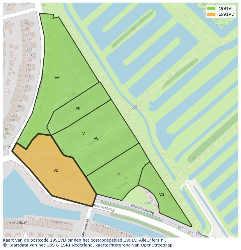 Afbeelding van het postcodegebied 1991 VD op de kaart.