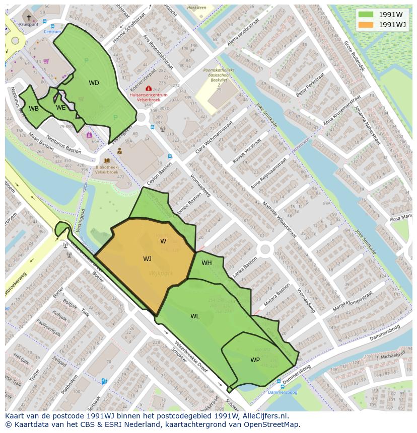 Afbeelding van het postcodegebied 1991 WJ op de kaart.