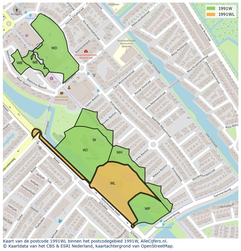 Afbeelding van het postcodegebied 1991 WL op de kaart.