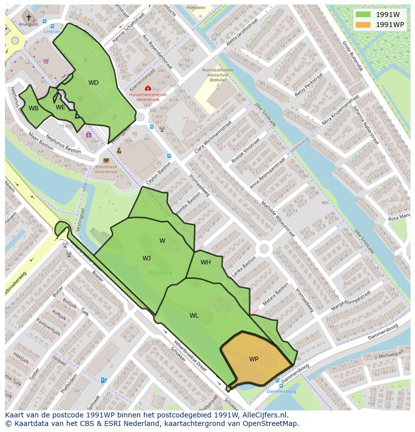 Afbeelding van het postcodegebied 1991 WP op de kaart.