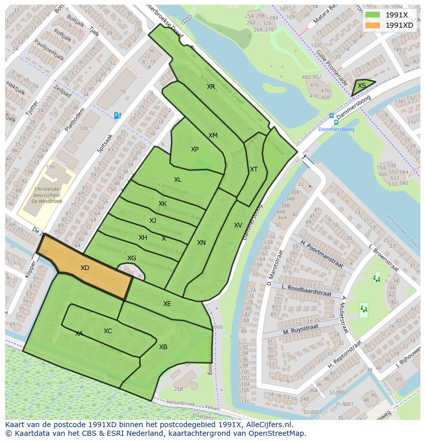 Afbeelding van het postcodegebied 1991 XD op de kaart.