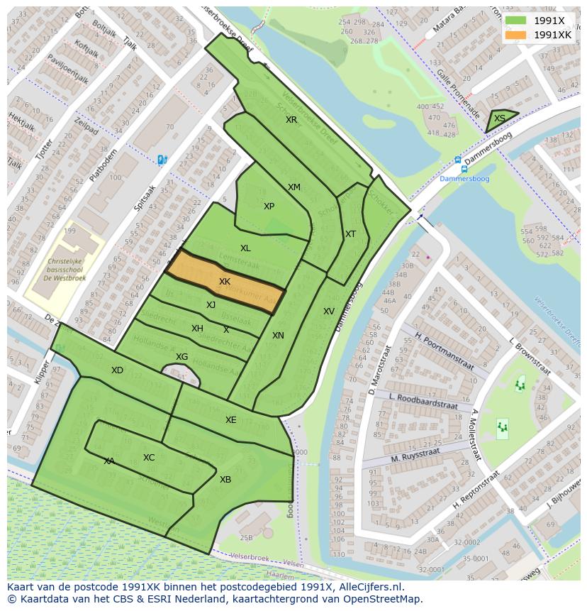 Afbeelding van het postcodegebied 1991 XK op de kaart.