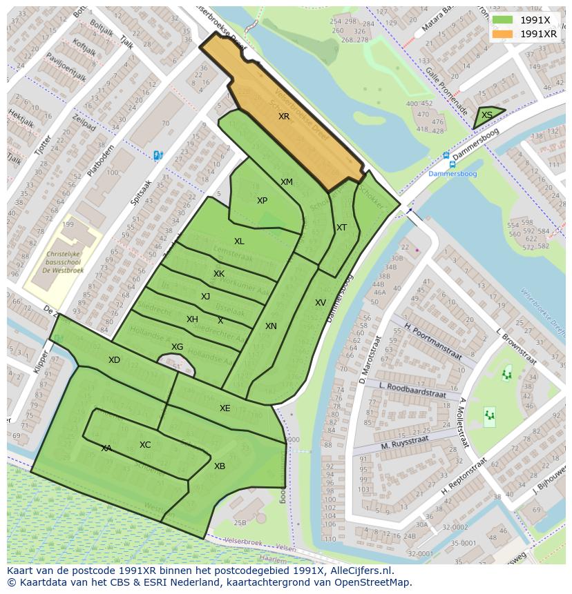 Afbeelding van het postcodegebied 1991 XR op de kaart.