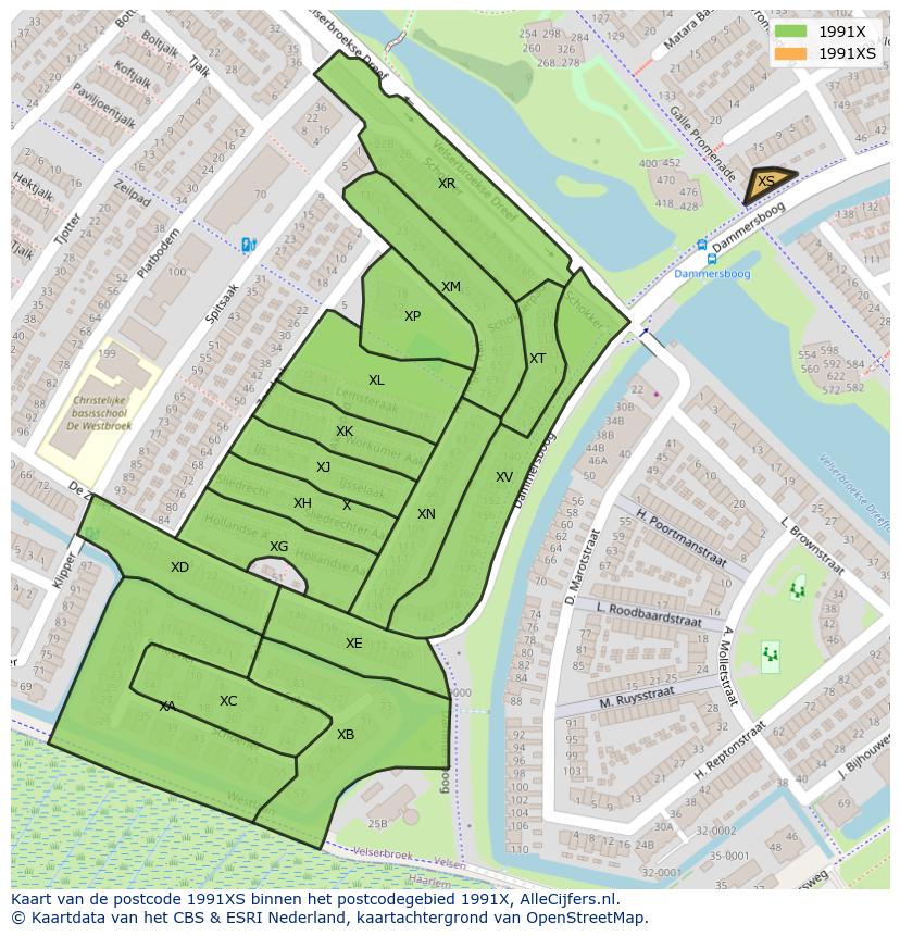 Afbeelding van het postcodegebied 1991 XS op de kaart.