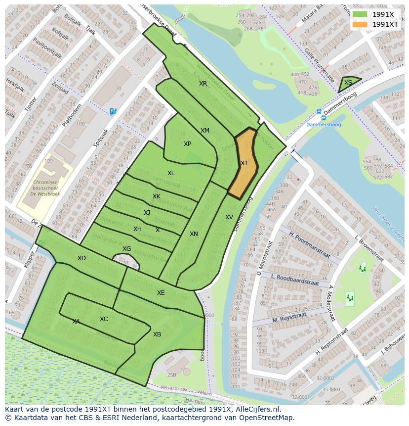 Afbeelding van het postcodegebied 1991 XT op de kaart.