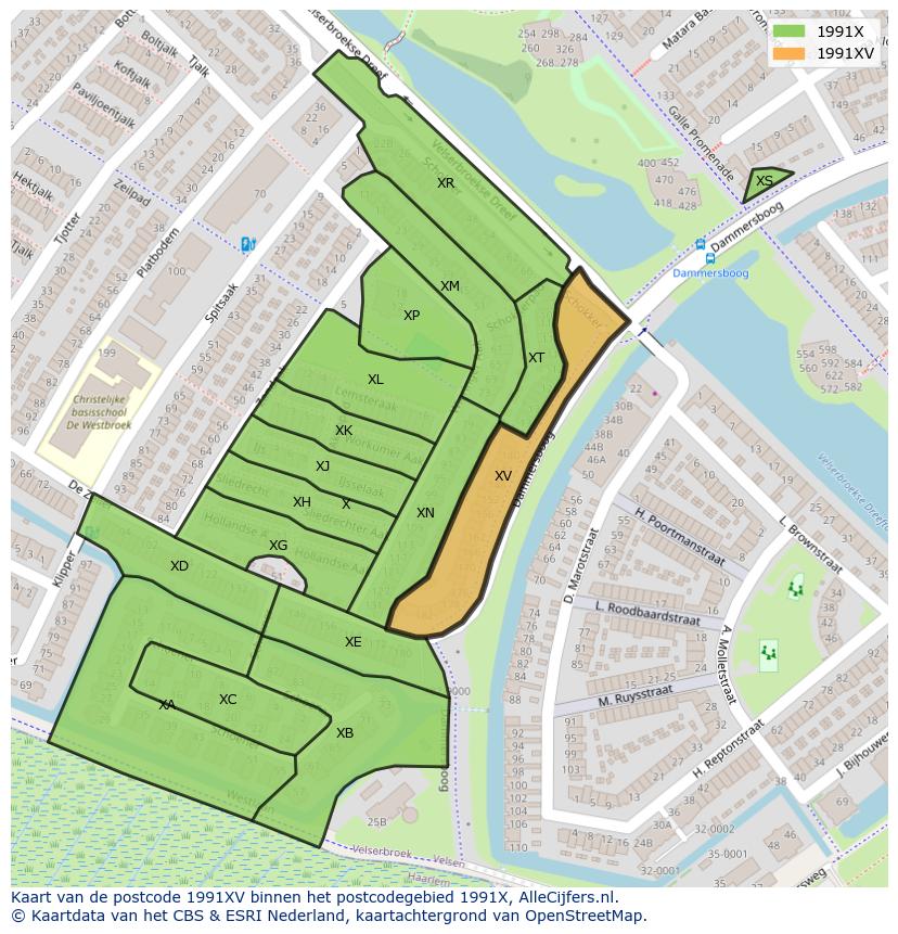 Afbeelding van het postcodegebied 1991 XV op de kaart.