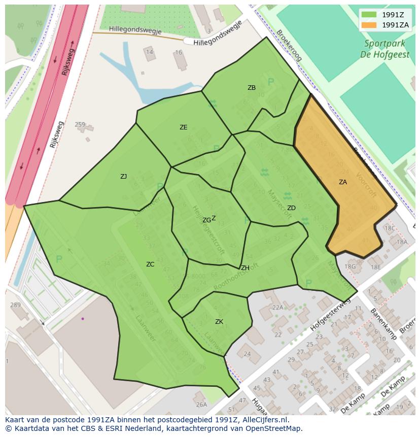 Afbeelding van het postcodegebied 1991 ZA op de kaart.