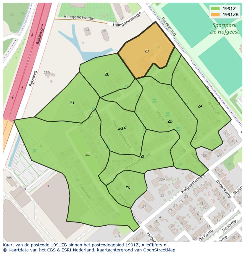 Afbeelding van het postcodegebied 1991 ZB op de kaart.