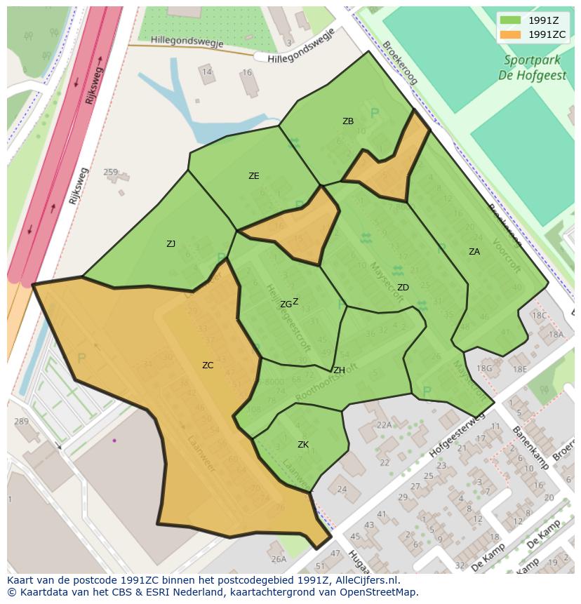 Afbeelding van het postcodegebied 1991 ZC op de kaart.