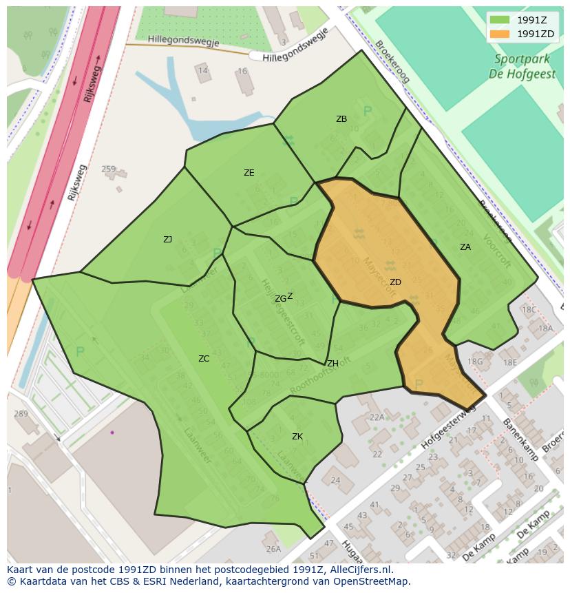 Afbeelding van het postcodegebied 1991 ZD op de kaart.