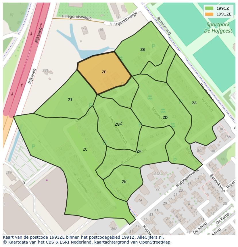 Afbeelding van het postcodegebied 1991 ZE op de kaart.