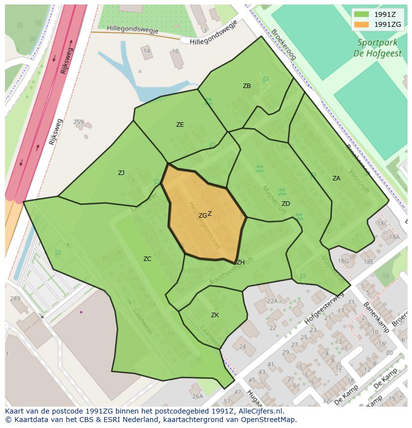 Afbeelding van het postcodegebied 1991 ZG op de kaart.