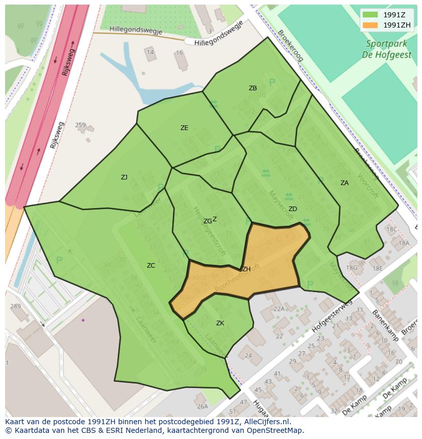 Afbeelding van het postcodegebied 1991 ZH op de kaart.