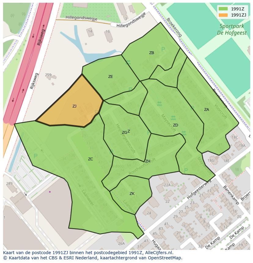 Afbeelding van het postcodegebied 1991 ZJ op de kaart.
