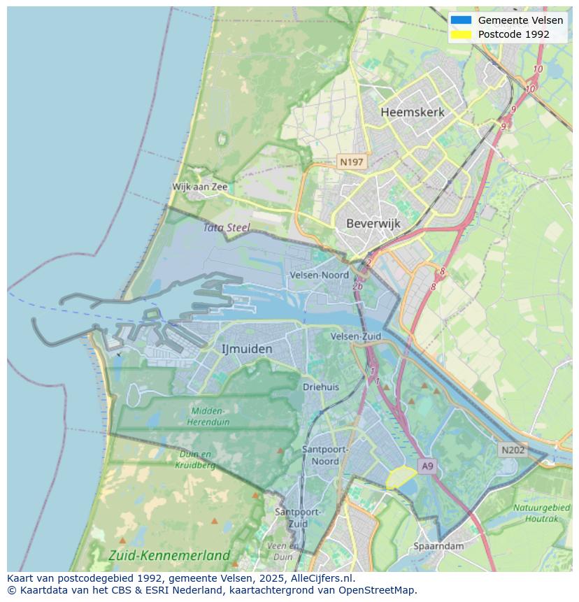 Afbeelding van het postcodegebied 1992 op de kaart.