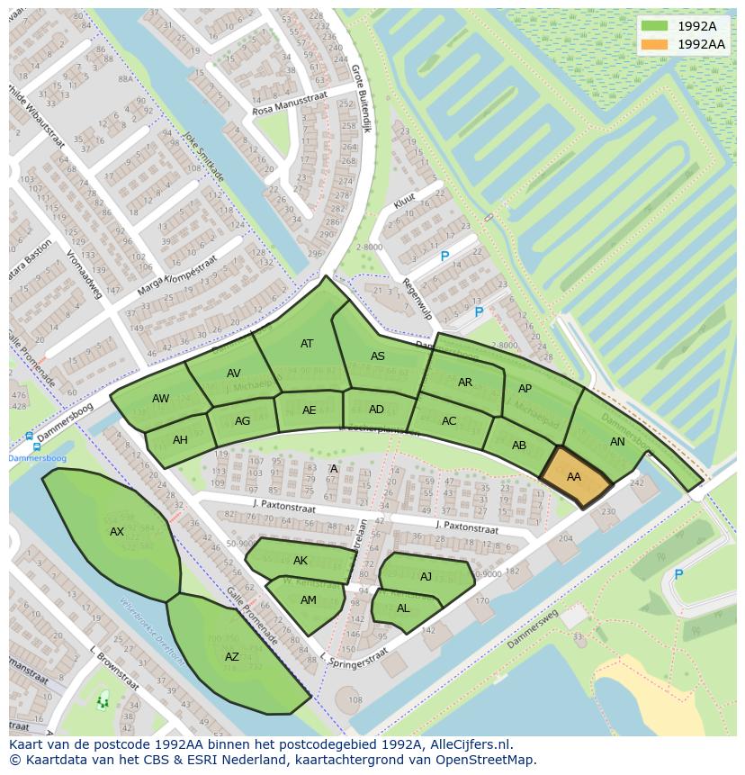 Afbeelding van het postcodegebied 1992 AA op de kaart.