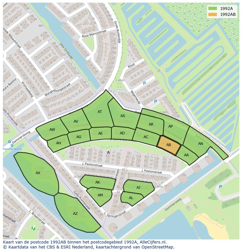 Afbeelding van het postcodegebied 1992 AB op de kaart.