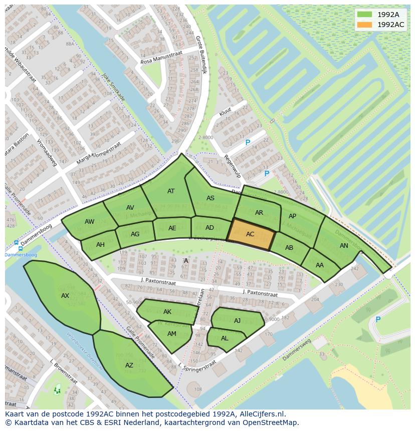 Afbeelding van het postcodegebied 1992 AC op de kaart.