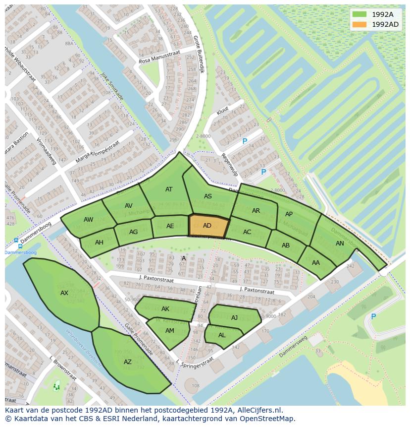 Afbeelding van het postcodegebied 1992 AD op de kaart.