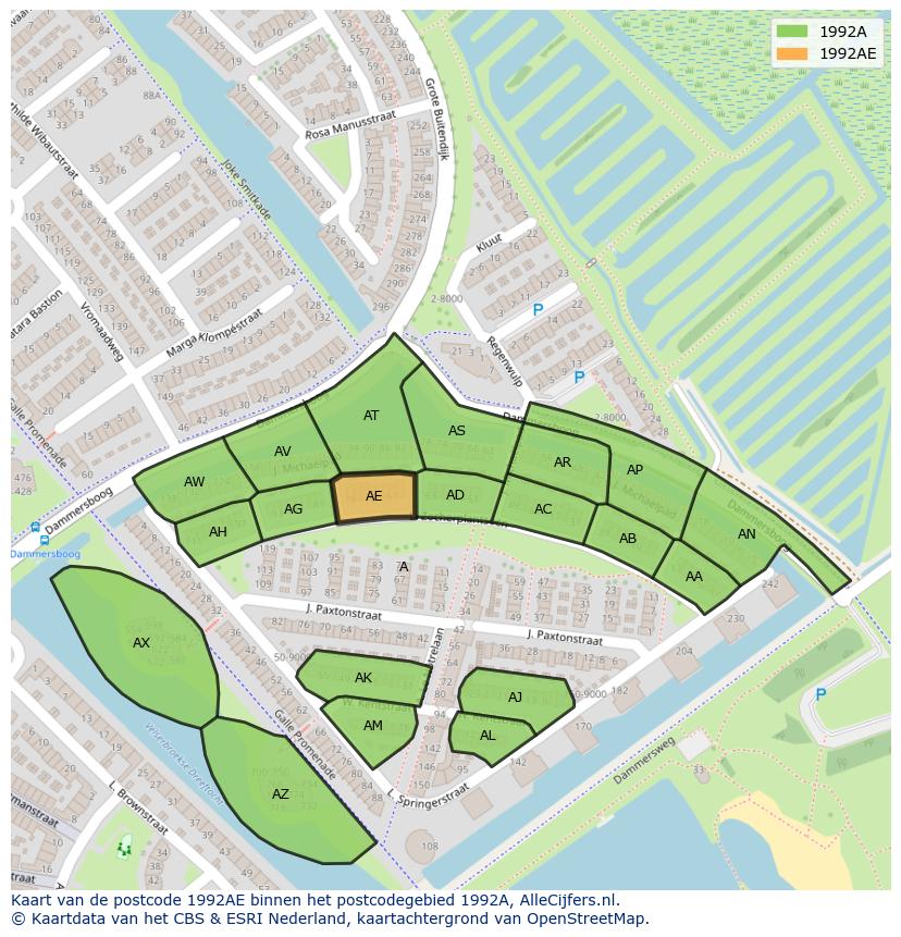 Afbeelding van het postcodegebied 1992 AE op de kaart.