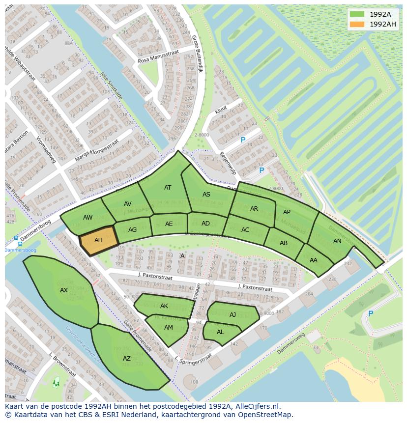 Afbeelding van het postcodegebied 1992 AH op de kaart.