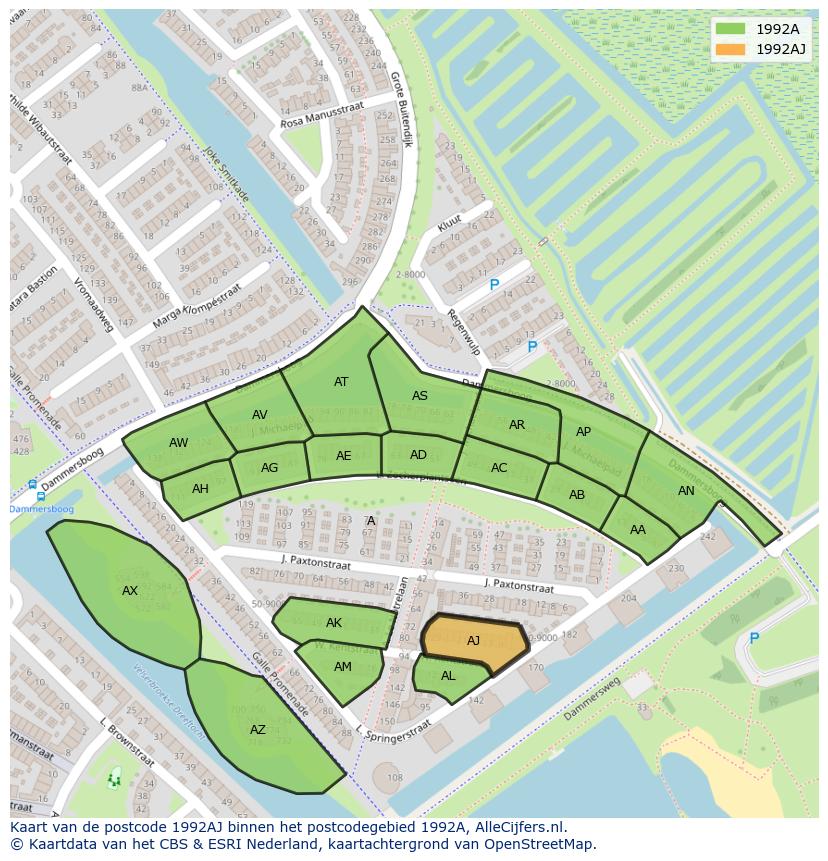 Afbeelding van het postcodegebied 1992 AJ op de kaart.