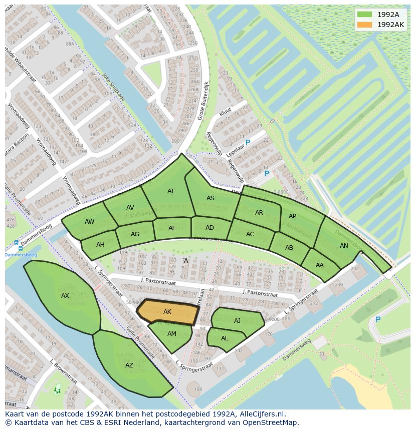 Afbeelding van het postcodegebied 1992 AK op de kaart.