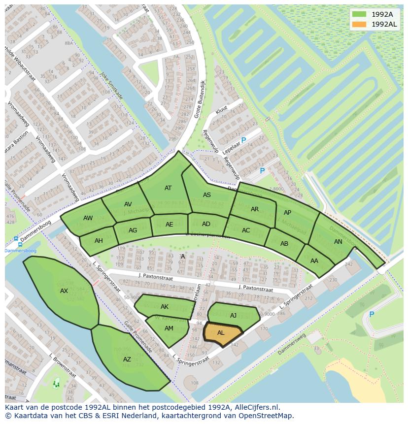 Afbeelding van het postcodegebied 1992 AL op de kaart.