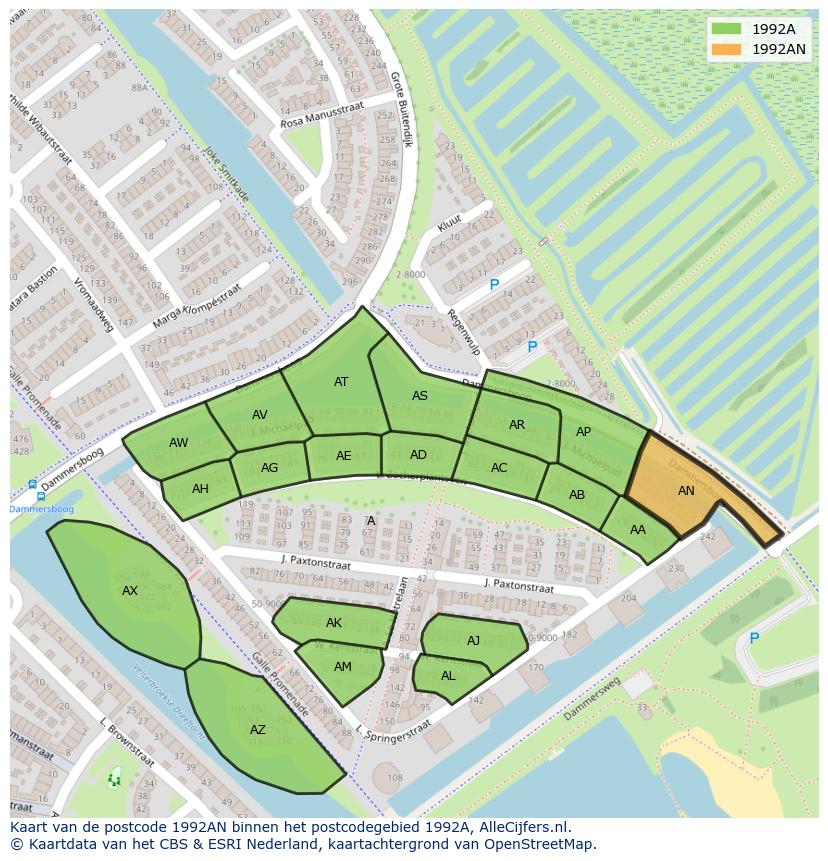 Afbeelding van het postcodegebied 1992 AN op de kaart.