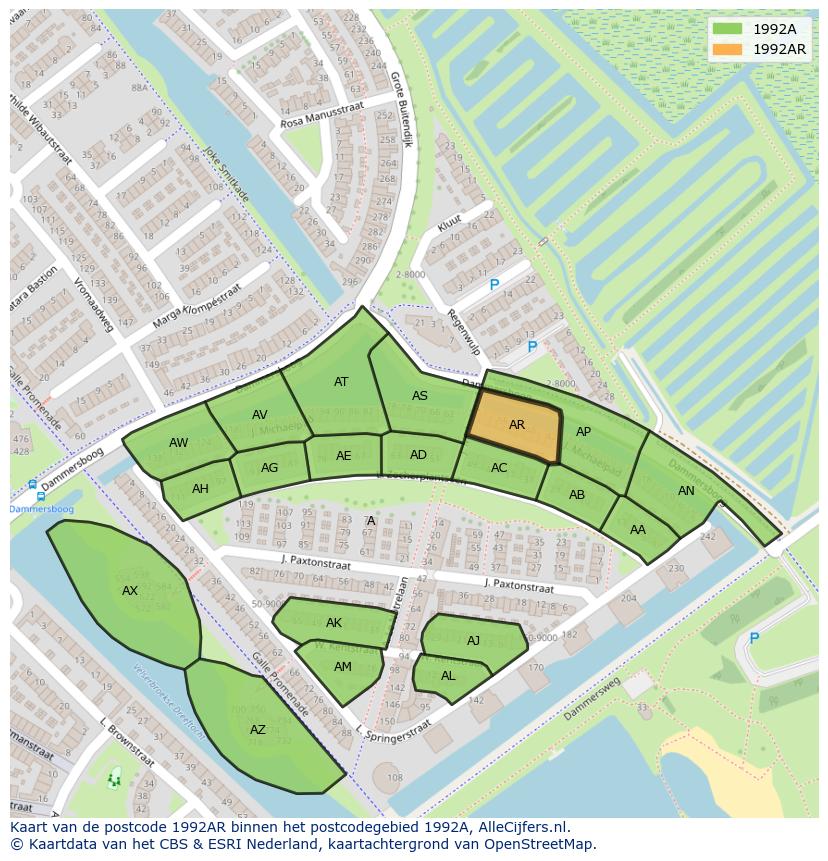 Afbeelding van het postcodegebied 1992 AR op de kaart.