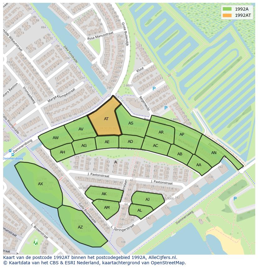 Afbeelding van het postcodegebied 1992 AT op de kaart.