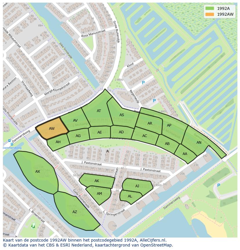 Afbeelding van het postcodegebied 1992 AW op de kaart.