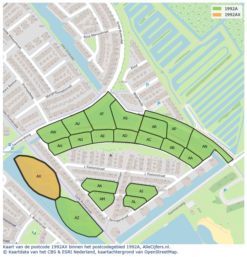 Afbeelding van het postcodegebied 1992 AX op de kaart.