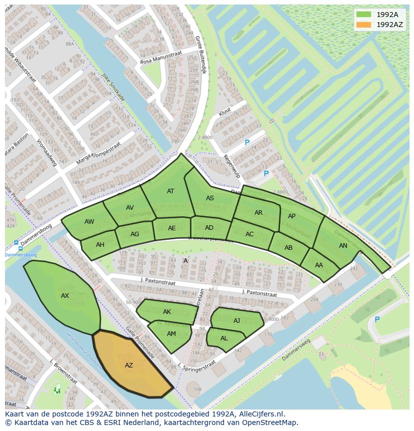Afbeelding van het postcodegebied 1992 AZ op de kaart.