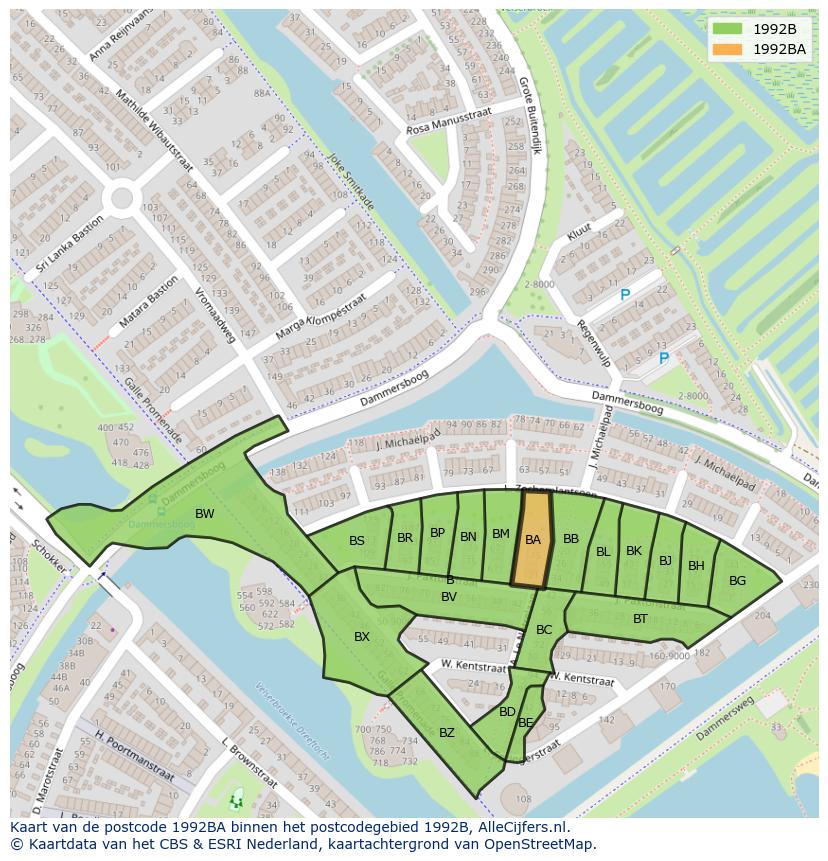 Afbeelding van het postcodegebied 1992 BA op de kaart.
