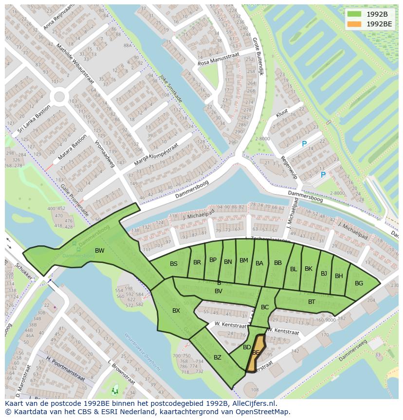 Afbeelding van het postcodegebied 1992 BE op de kaart.