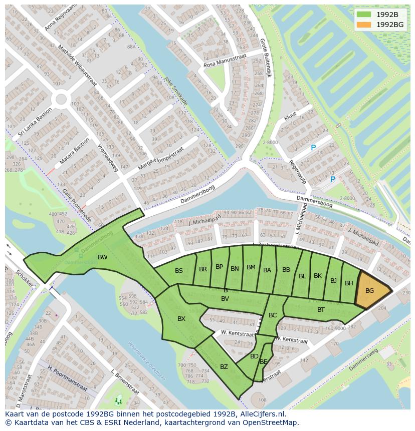 Afbeelding van het postcodegebied 1992 BG op de kaart.