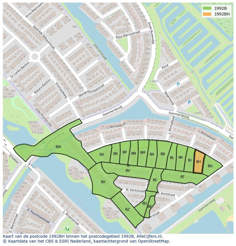 Afbeelding van het postcodegebied 1992 BH op de kaart.